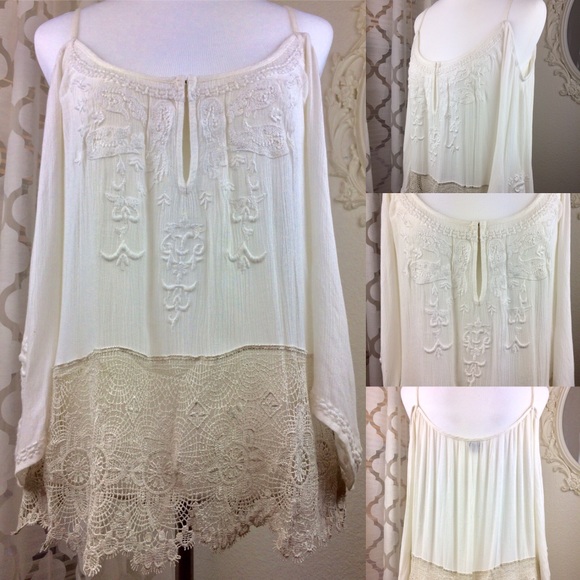Ecote Ivory Lace Off Shoulder Bohemian Shirt XS - Picture 3 of 7